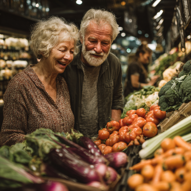Літня жінка з кошиком свіжих овочів